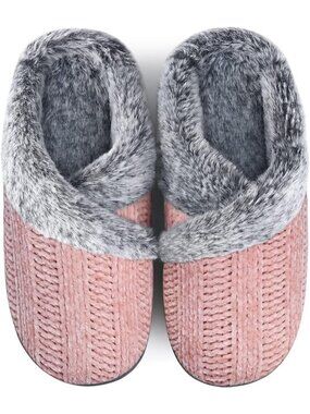Women's Pink Fuzzy House Slip on Indoor Outdoor Anti-Skid Rubber Slipper Shoes